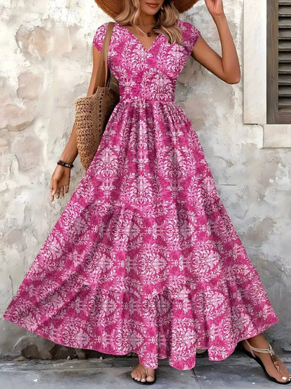 Alethea | Women's Boho Chic Beige Patterned Sleeveless V Neck Maxi Dress