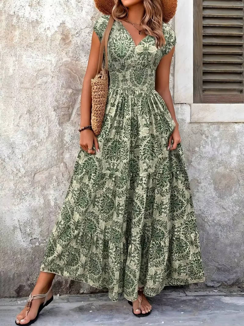 Alethea | Women's Boho Chic Beige Patterned Sleeveless V Neck Maxi Dress