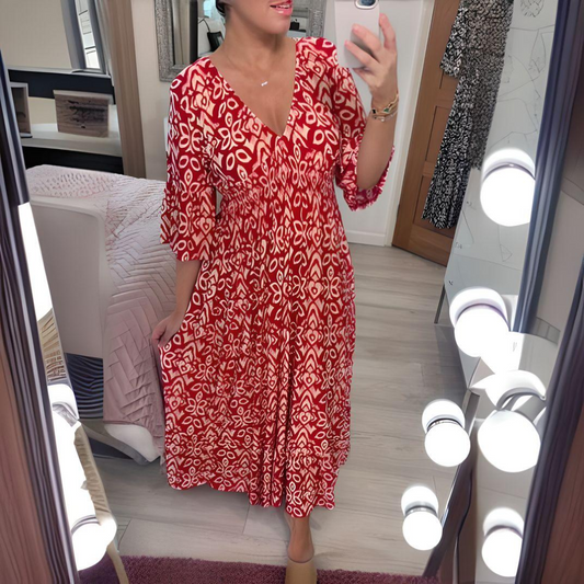 Astrid | Women's Boho Loose Fit Red Printed Midi Dress