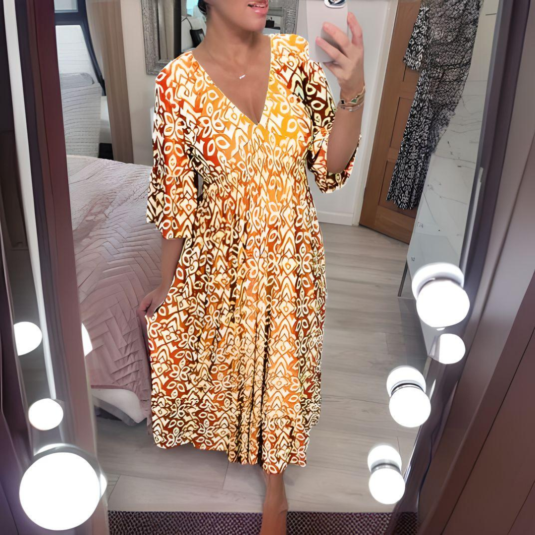 Astrid | Women's Boho Loose Fit Red Printed Midi Dress
