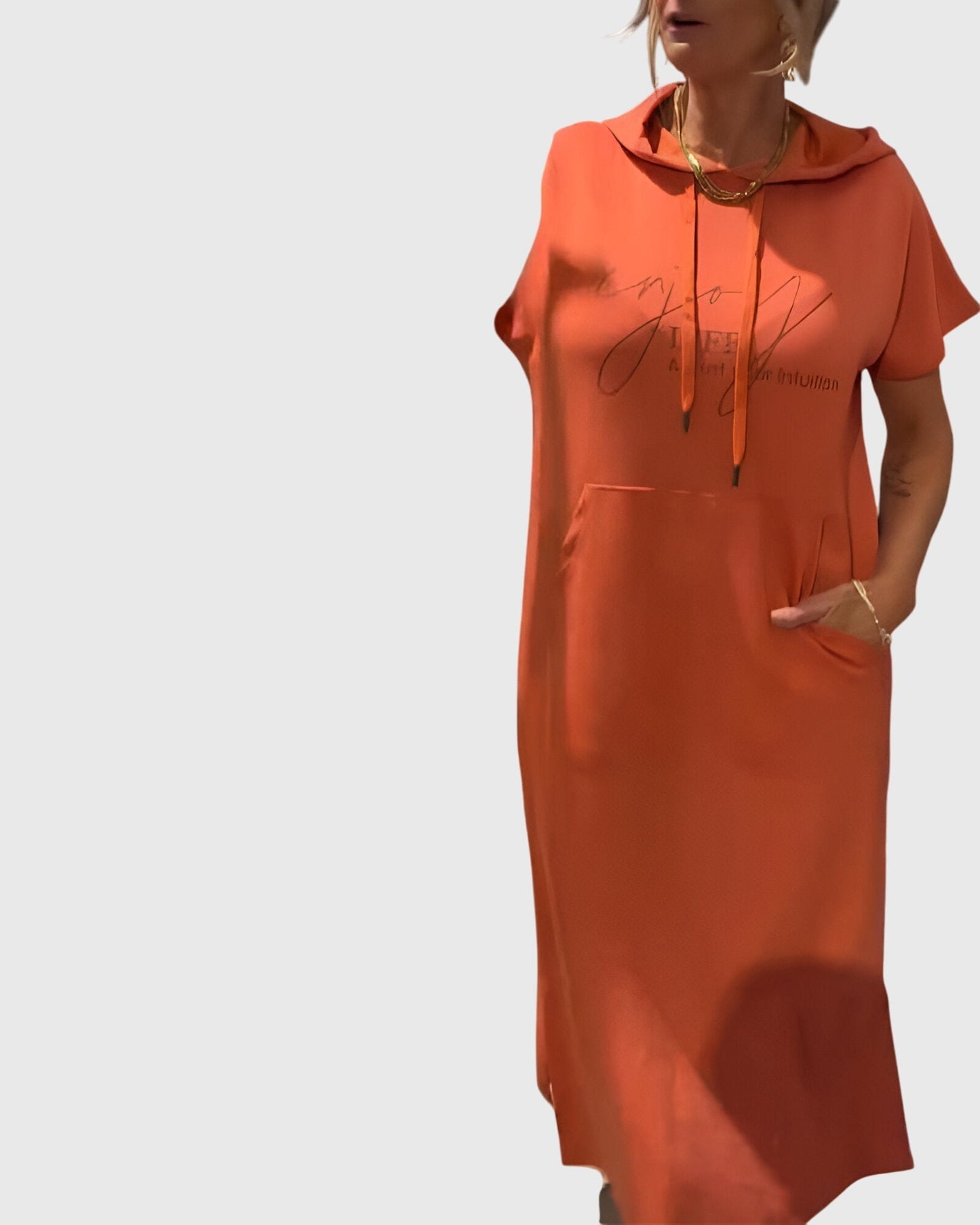Alethea | Silky Casual Hoodie Dress in Burnt Orange