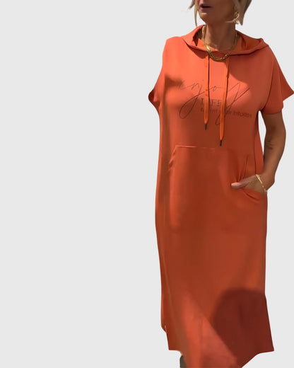 Alethea | Silky Casual Hoodie Dress in Burnt Orange