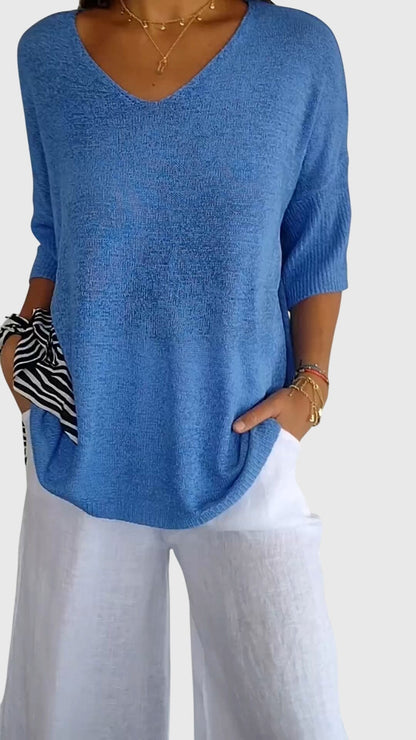 Alethea | Soft Coral Elegant V-Neck Top
