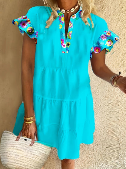 Alethea | Women’s Boho Ruffle Sleeve Mini Dress in Turquoise Floral
