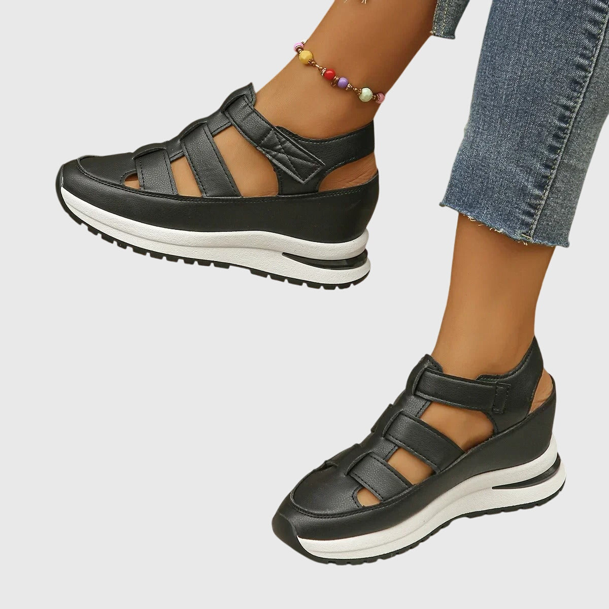 Alethea | Black Leather Orthopedic Sandals