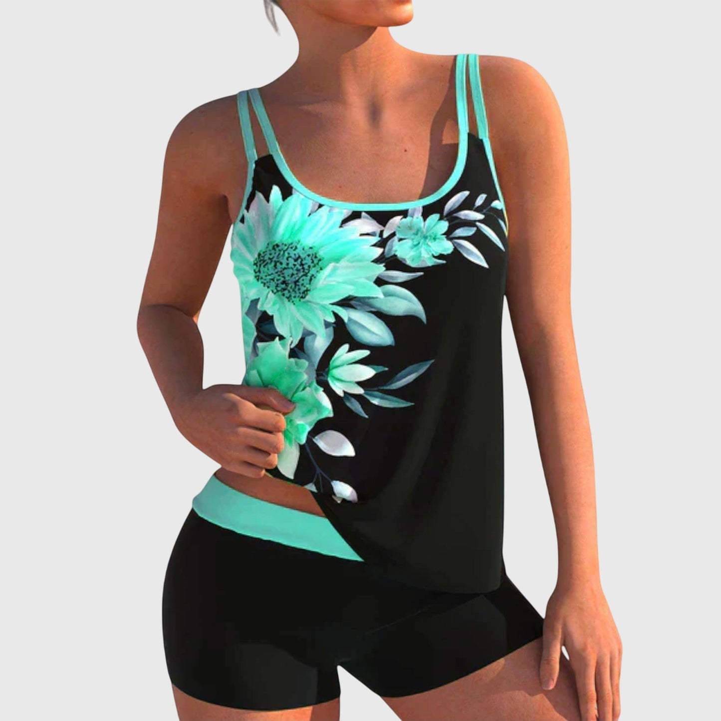 Alethea | Women's Floral Print Black Two-Piece Swimsuit Set with Turquoise Accents