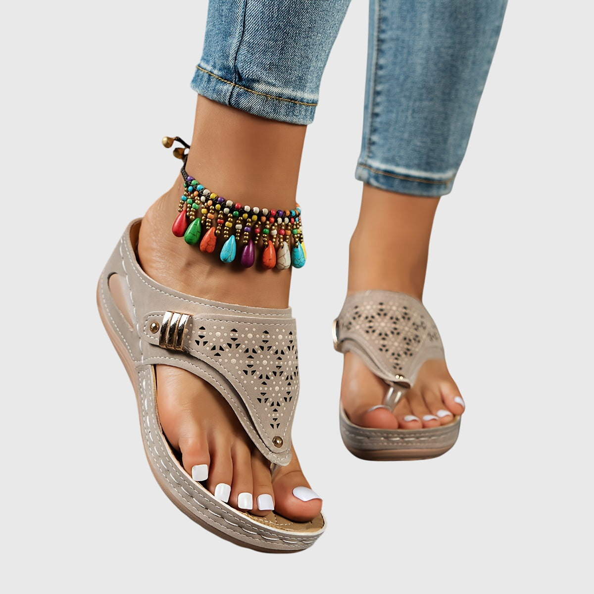 Calista | Brown Beaded Comfortable Sandals