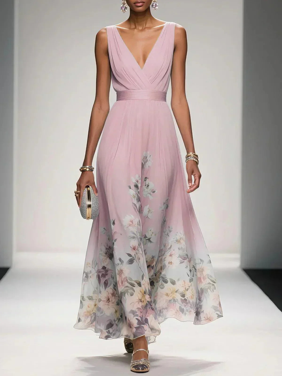 Calista | Women's Elegant Light Blue Floral Print Wedding Guest Dress