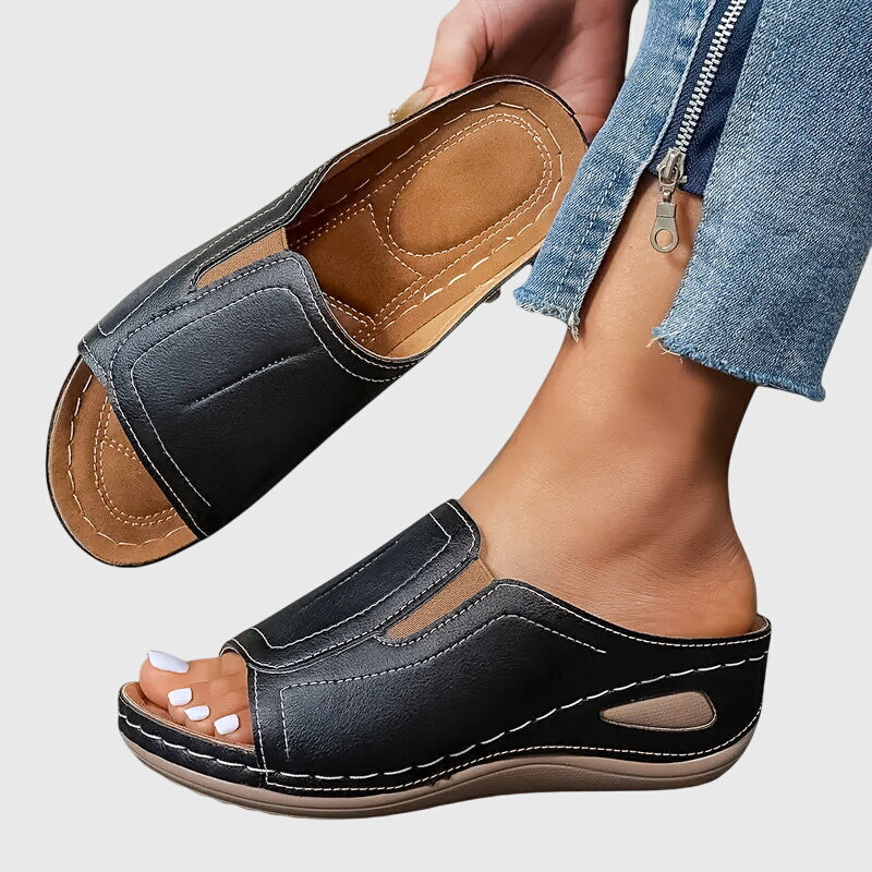 Calista | Black Leather Orthopedic Sandals
