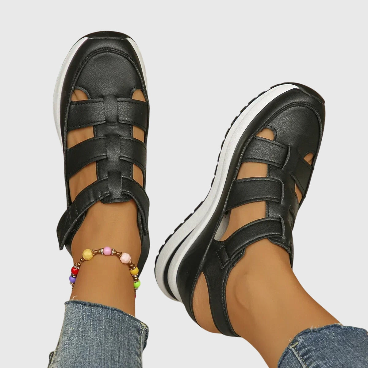 Alethea | Black Leather Orthopedic Sandals