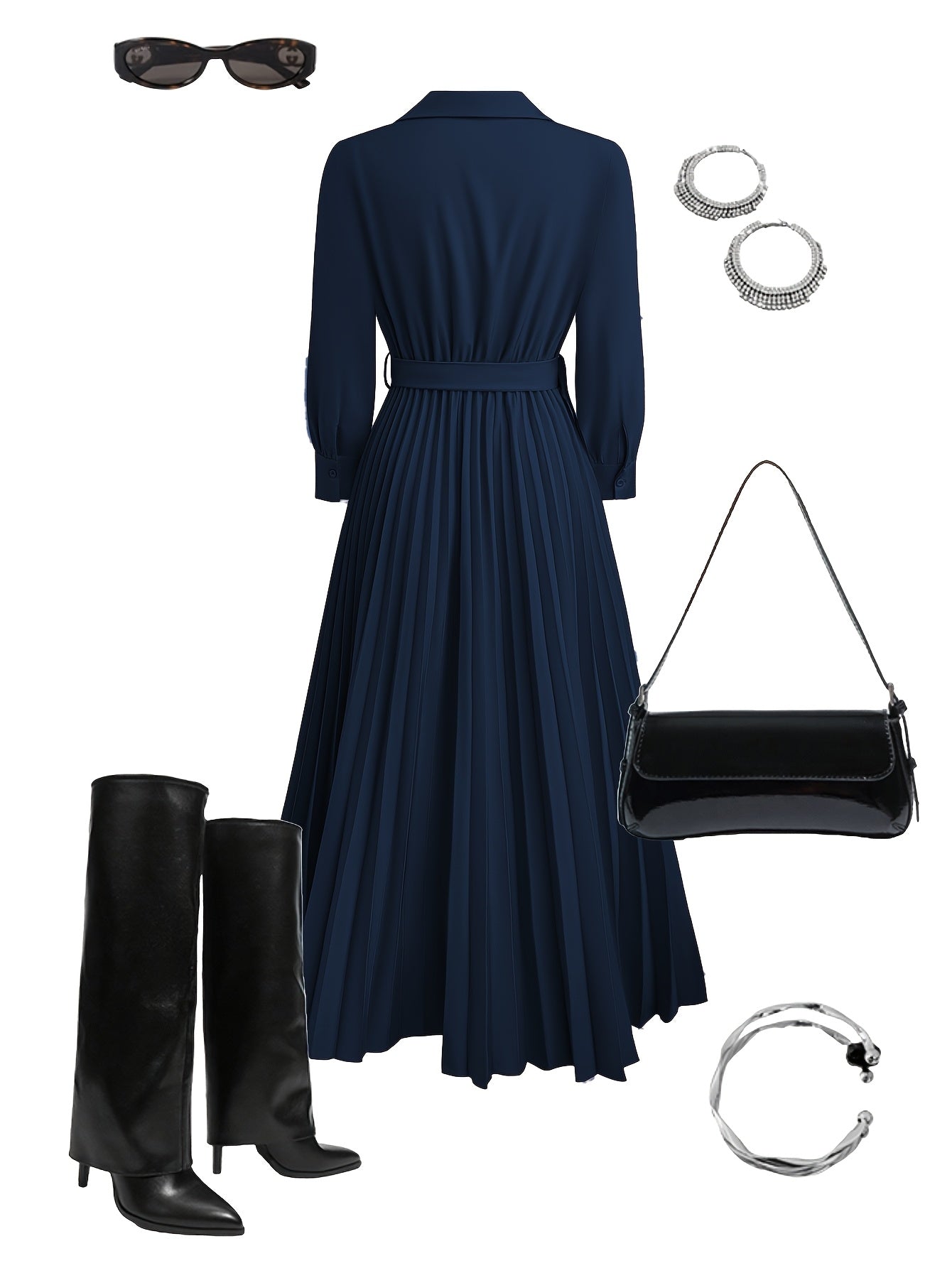 Aurelia | Elegant Black Pleated Everyday Elegance Dress
