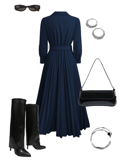 Aurelia | Elegant Black Pleated Everyday Elegance Dress