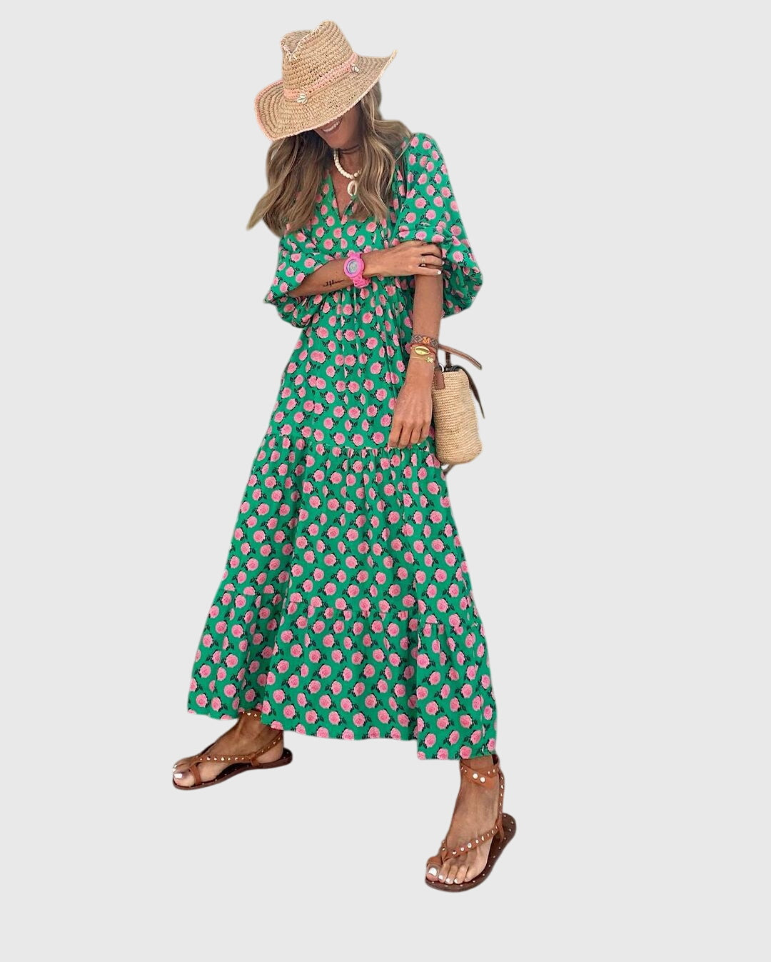 Astrid | Boho Maxi Dress in Emerald Green Floral