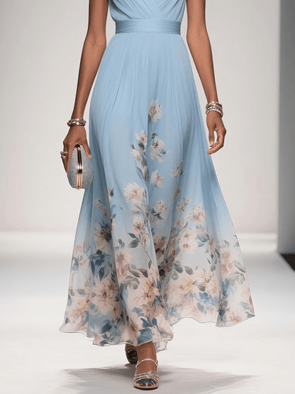 Calista | Women's Elegant Light Blue Floral Print Wedding Guest Dress