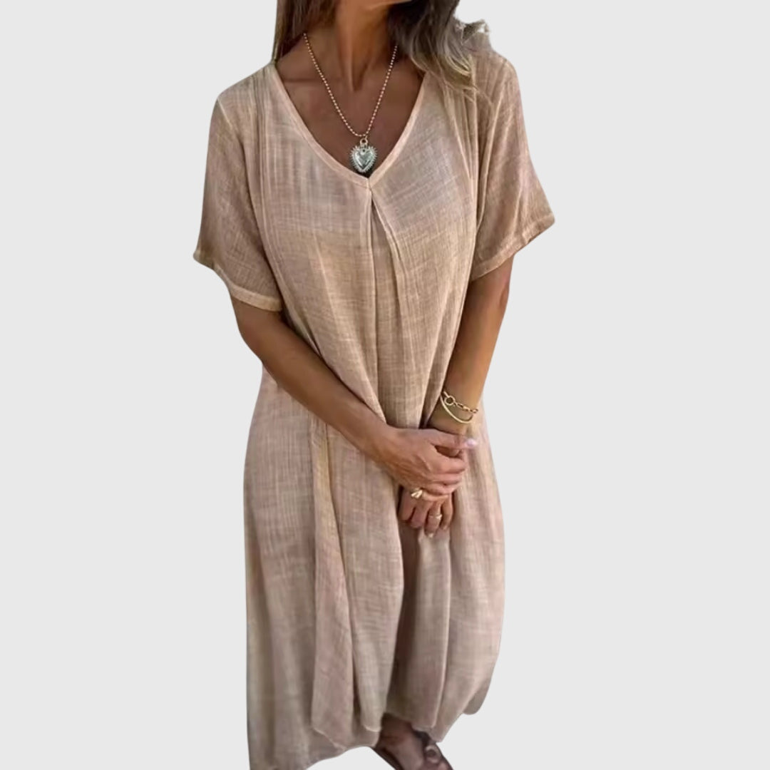 Astrid | Elegant Lightweight Beige Linen V-Neck Dress