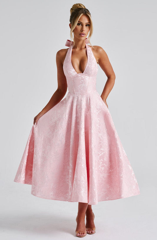 Alethea | Blush Pink Women's Wedding Guest Dress Halter Midi Dress