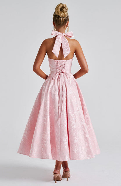 Alethea | Blush Pink Women's Wedding Guest Dress Halter Midi Dress