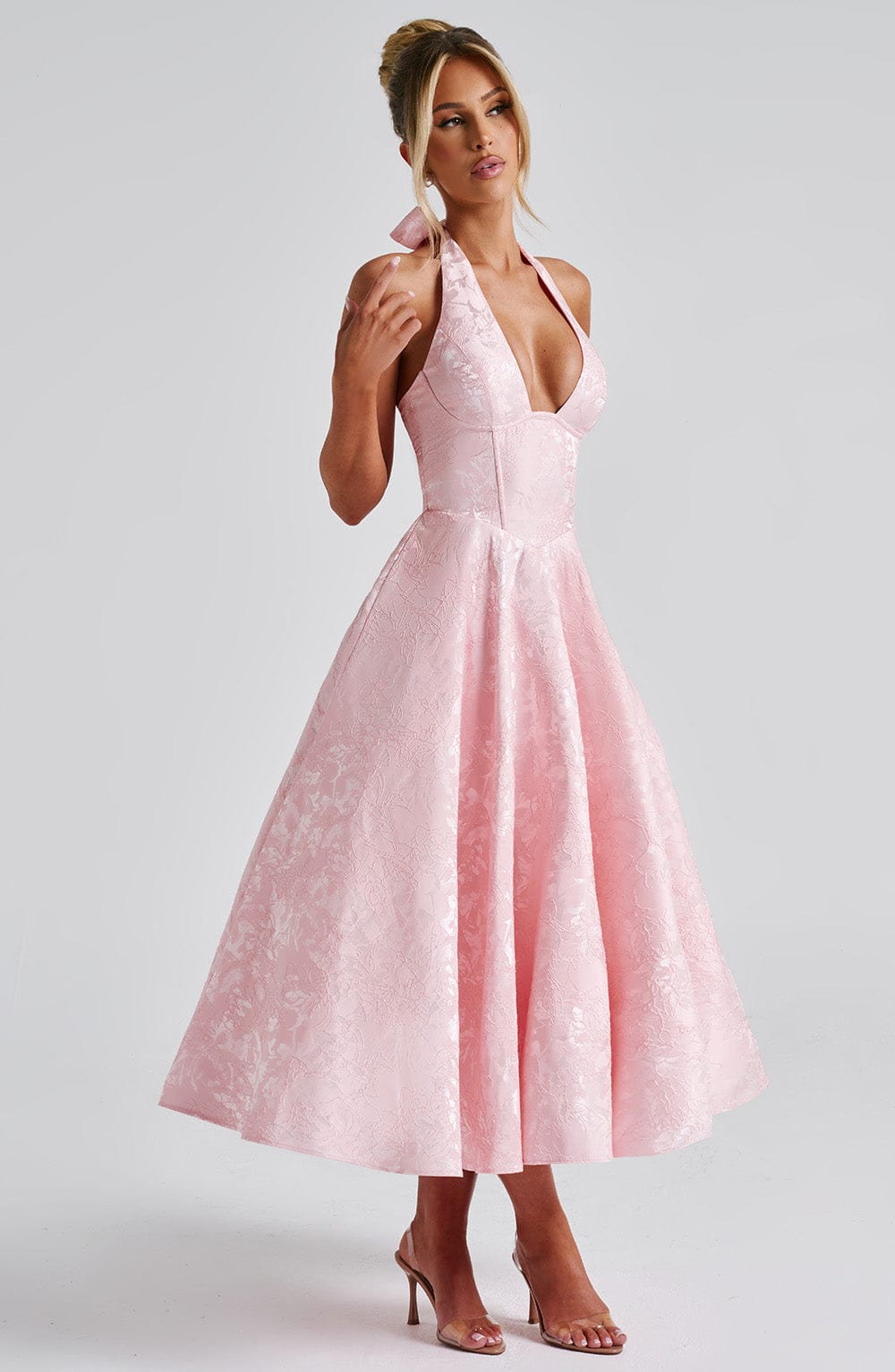 Alethea | Blush Pink Women's Wedding Guest Dress Halter Midi Dress