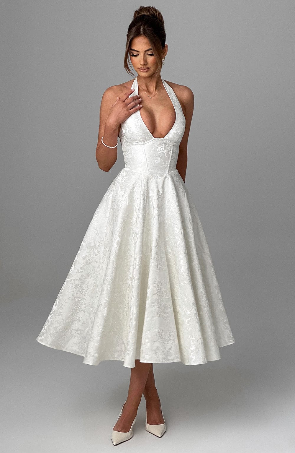 Alethea | Blush Pink Women's Wedding Guest Dress Halter Midi Dress