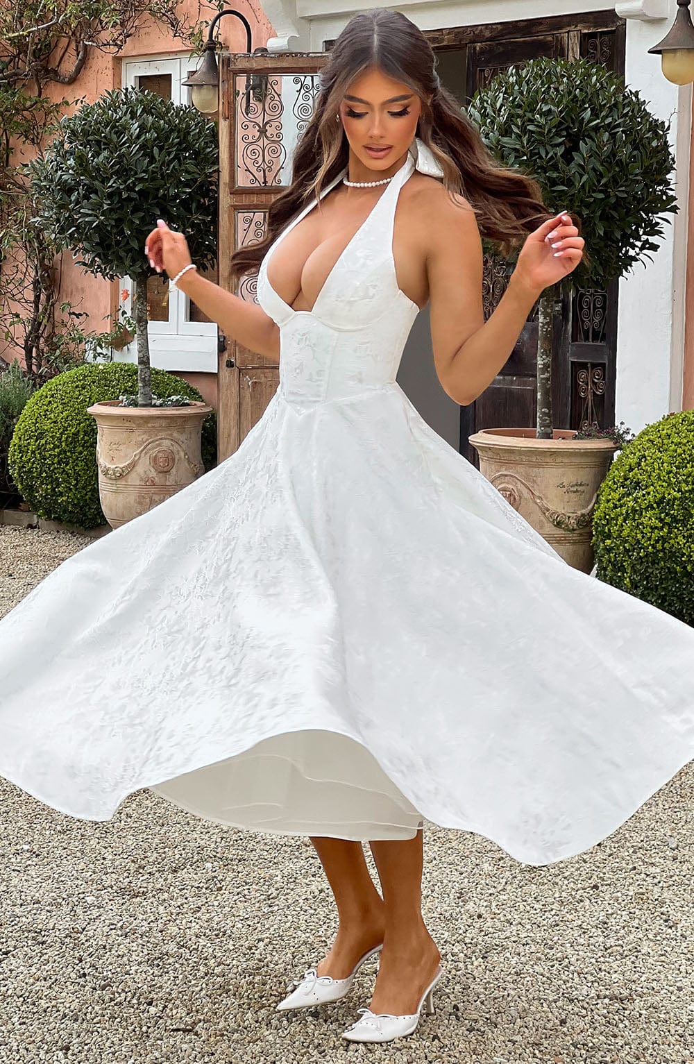 Alethea | Blush Pink Women's Wedding Guest Dress Halter Midi Dress