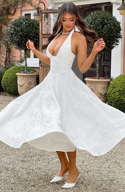 Alethea | Blush Pink Women's Wedding Guest Dress Halter Midi Dress