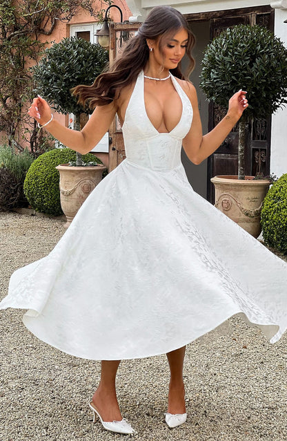 Alethea | Blush Pink Women's Wedding Guest Dress Halter Midi Dress