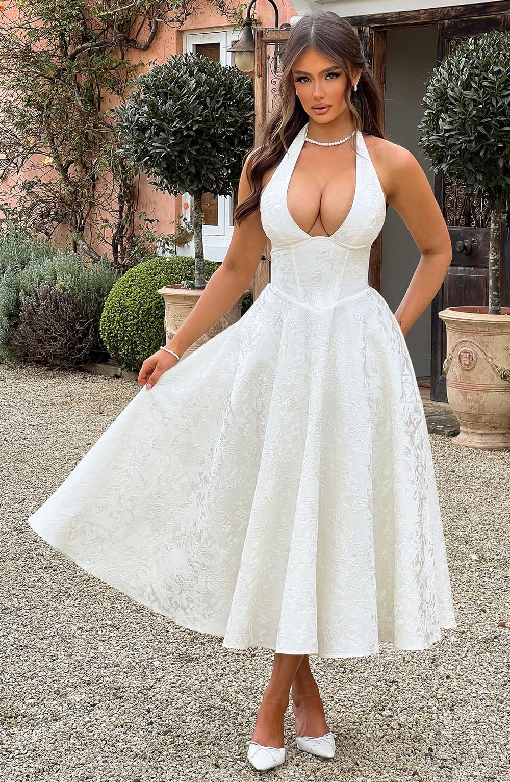 Alethea | Blush Pink Women's Wedding Guest Dress Halter Midi Dress