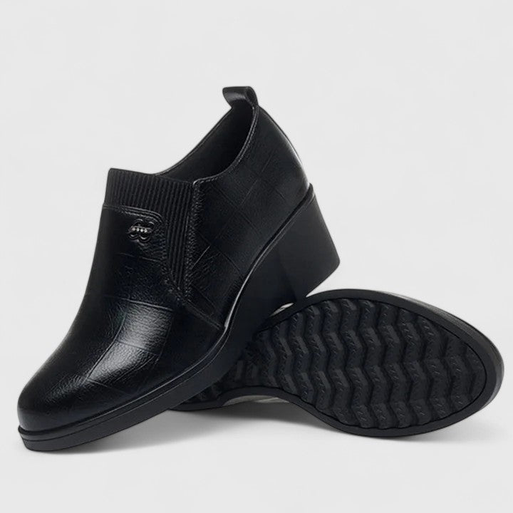 Calantha | Elegant Black Leather Wedge Shoes