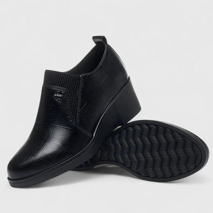 Calantha | Elegant Black Leather Wedge Shoes