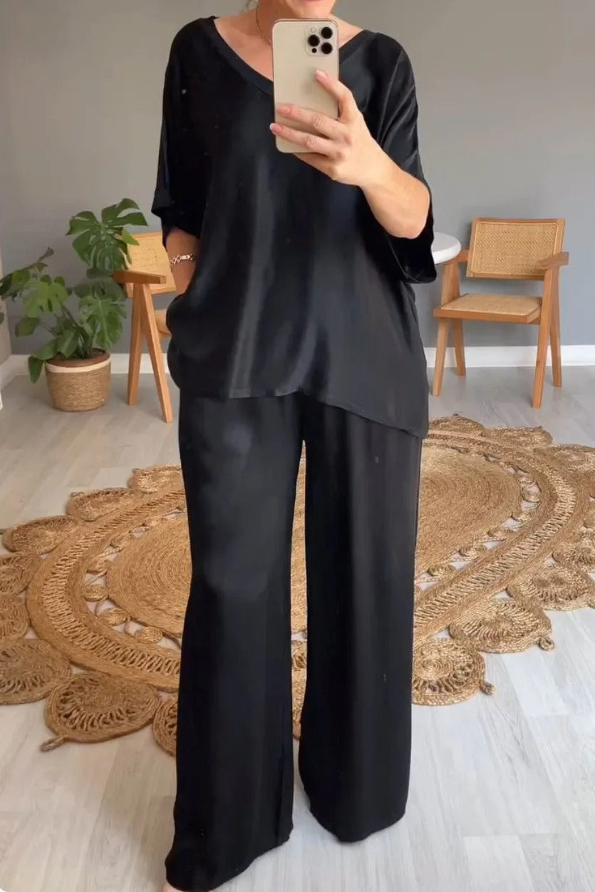 Astrid | Women’s Black Chiffon Two-Piece Wide-Leg Set