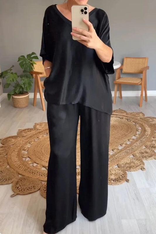 Astrid | Women’s Black Chiffon Two-Piece Wide-Leg Set