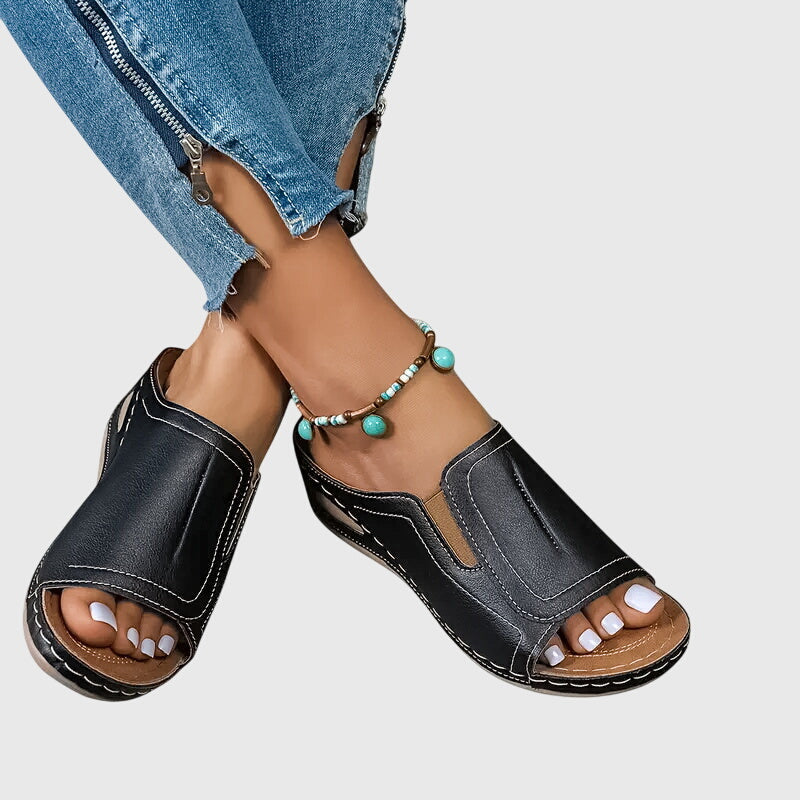 Calista | Black Leather Orthopedic Sandals