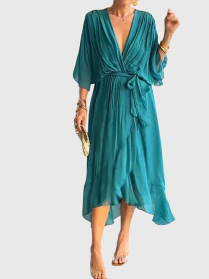 Calista | Olive Elegant Dress with V-Neck