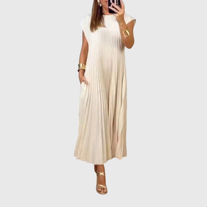 Calista | Elegant Beige Pleated Maxi Dress