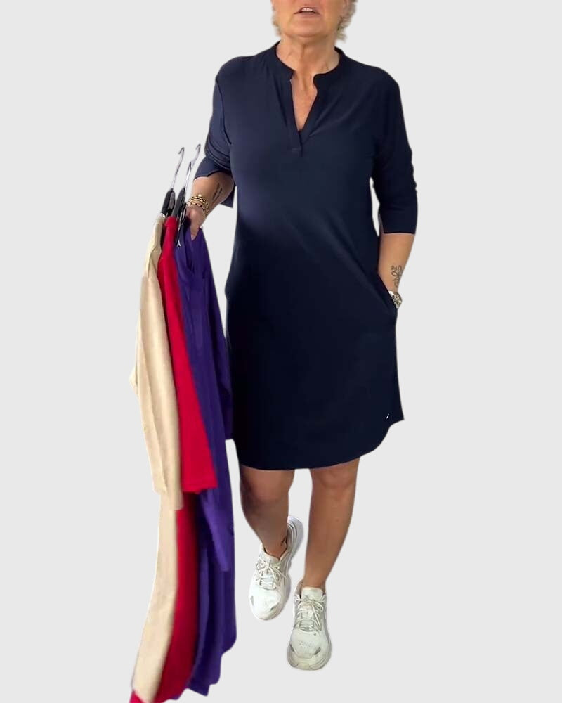 Alethea | Dark Navy Solid V-Neck Dress