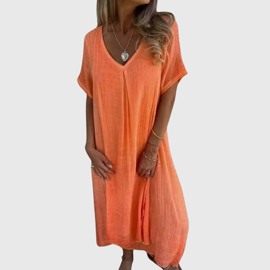 Astrid | Elegant Lightweight V-Neck Linen Dress in Beige
