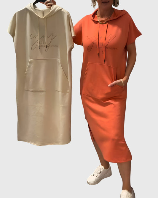 Alethea | Silk Casual Hoodie Dress in Burnt Orange