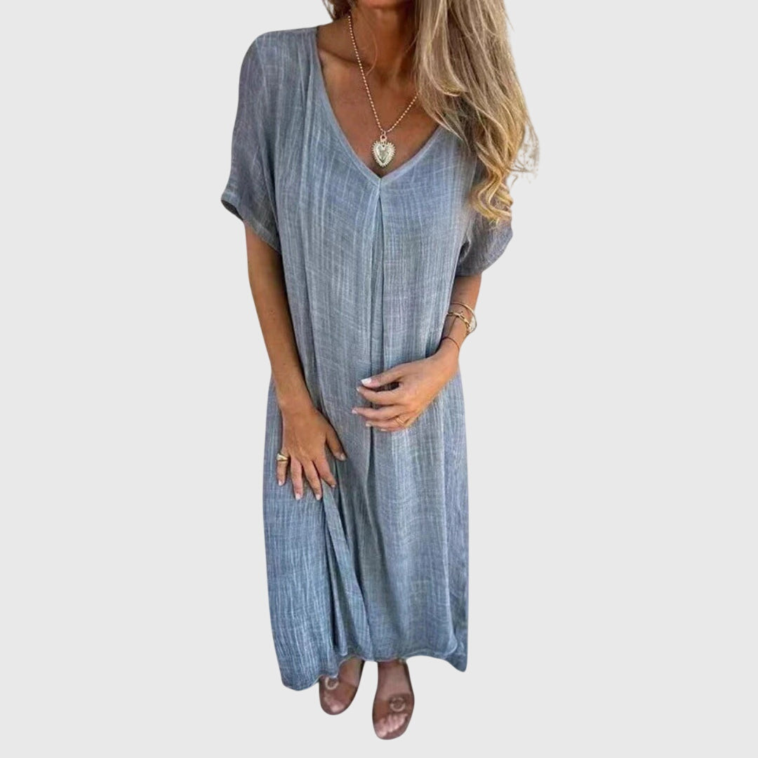 Astrid | Elegant Lightweight V-Neck Linen Dress in Beige