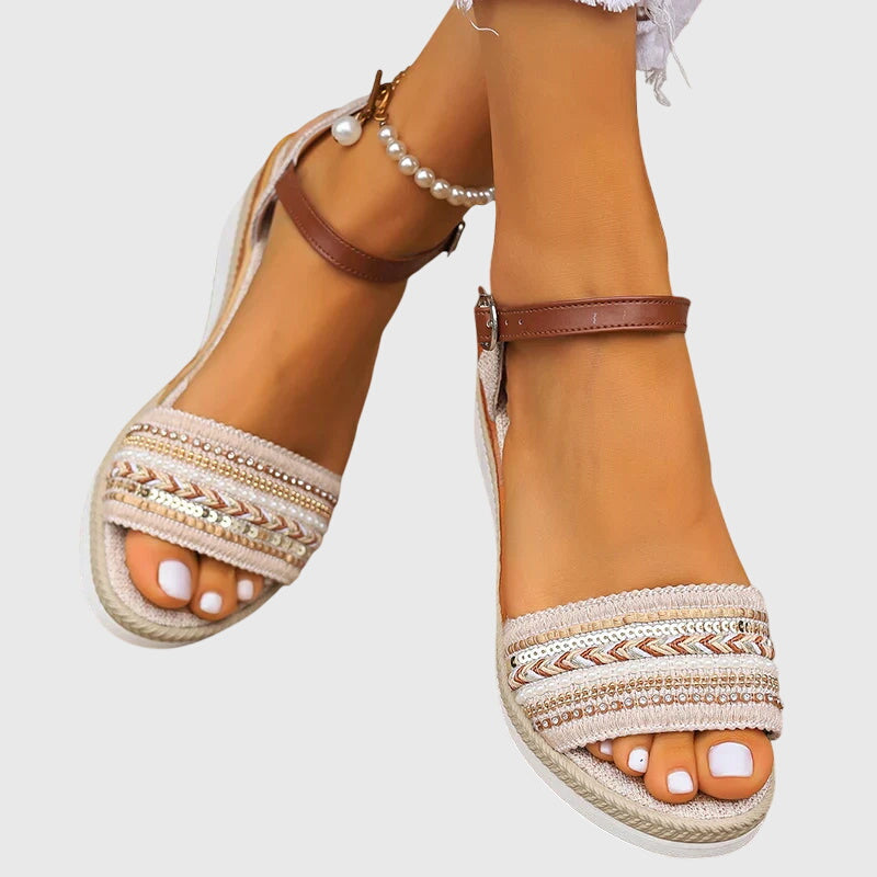 Calista | Beige Embroidered Orthopedic Summer Sandals