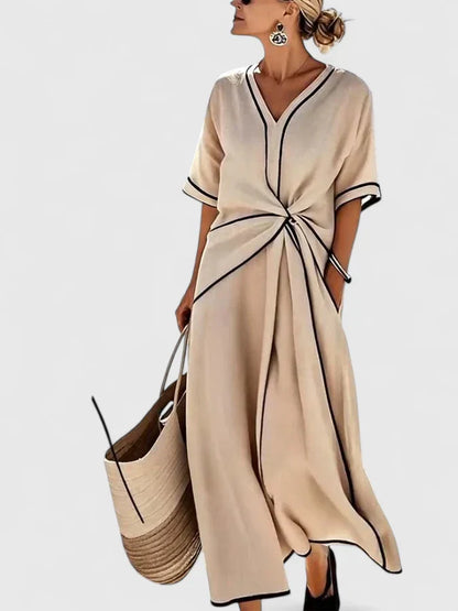 Calantha | Beige Elegant Dress with Black Trim