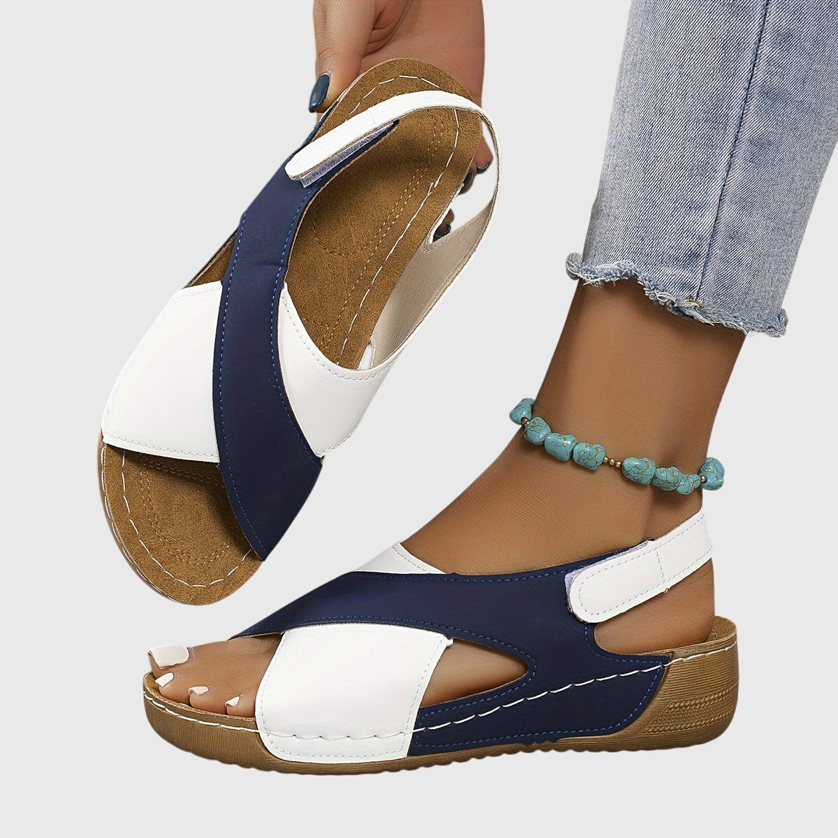 Calista | Women's Navy Blue & White Distressed Leather Cross Strap Orthotic Sandals