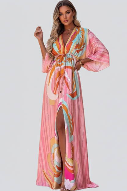 Astrid | Women’s Printed V-Neck Belted Maxi Dress in Vibrant Pink