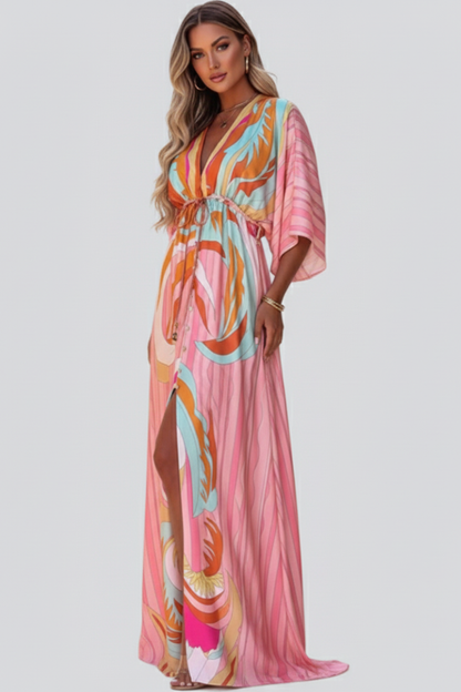 Astrid | Women’s Printed V-Neck Belted Maxi Dress in Vibrant Pink