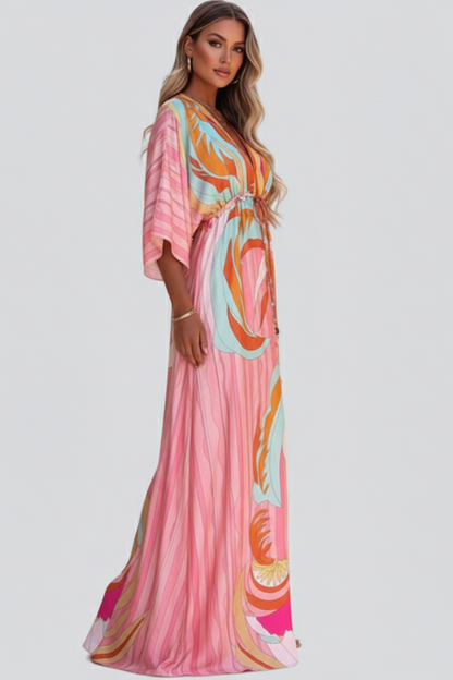 Astrid | Women’s Printed V-Neck Belted Maxi Dress in Vibrant Pink