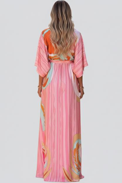 Astrid | Women’s Printed V-Neck Belted Maxi Dress in Vibrant Pink