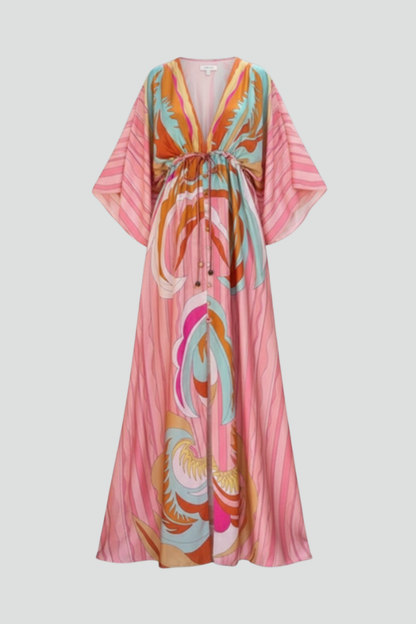 Astrid | Women’s Printed V-Neck Belted Maxi Dress in Vibrant Pink