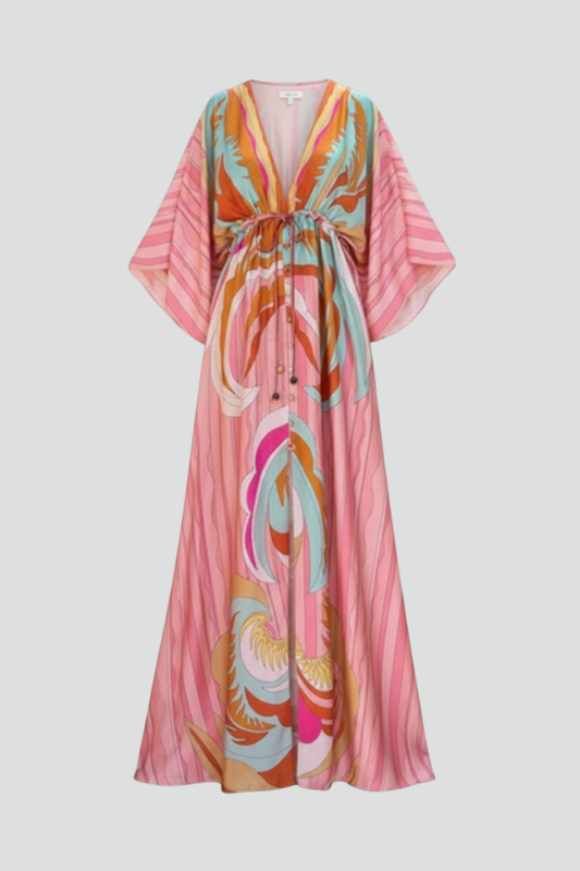 Astrid | Women’s Printed V-Neck Belted Maxi Dress in Vibrant Pink