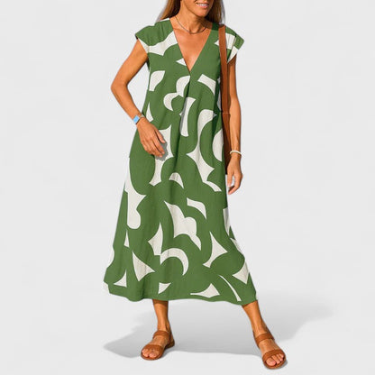 Calista | Black & White Abstract Flowing V-Neck Dress
