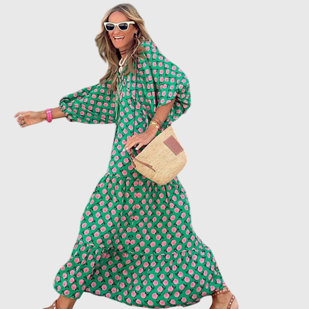 Astrid | Boho Maxi Dress in Green Floral
