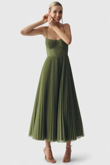 Calantha | Olive Elegant Dress with Pleated Skirt